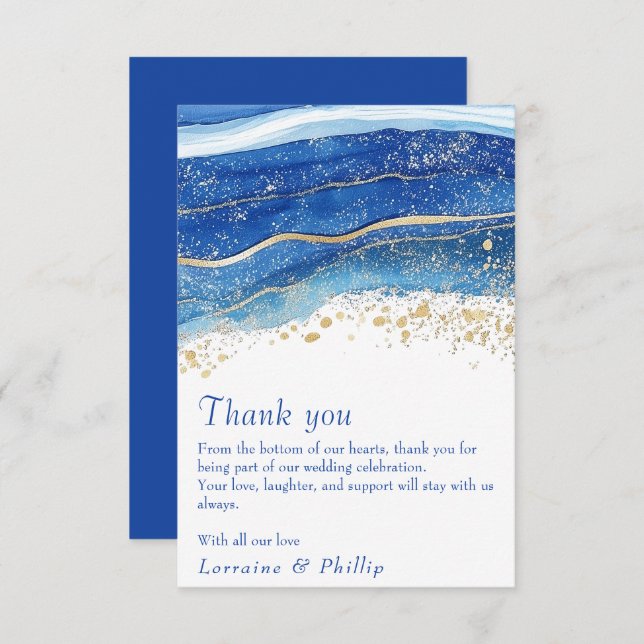 Blue and Gold Watercolor Wedding Danke Karte (Vorne/Hinten)