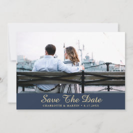 Blue and Gold Wedding Foto speichert die Datumskar Save The Date
