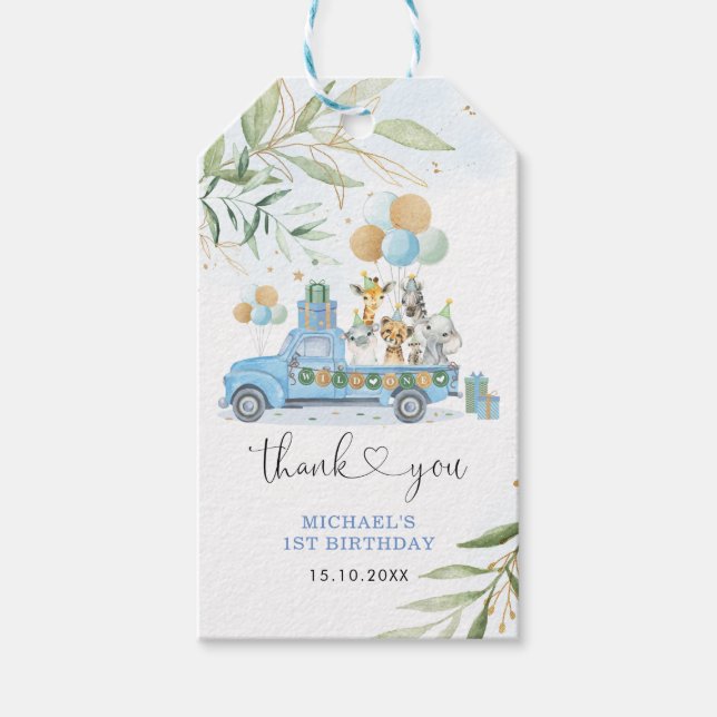 Blue and Gold Wild One Safari Birthday Drive Thru Geschenkanhänger (Vorderseite)