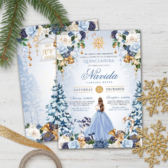Blue and Gold Winter Wonderland Quinceanera Einladung (Von Creator hochgeladen)