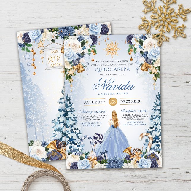 Blue and Gold Winter Wonderland Quinceñera Einladung (Von Creator hochgeladen)