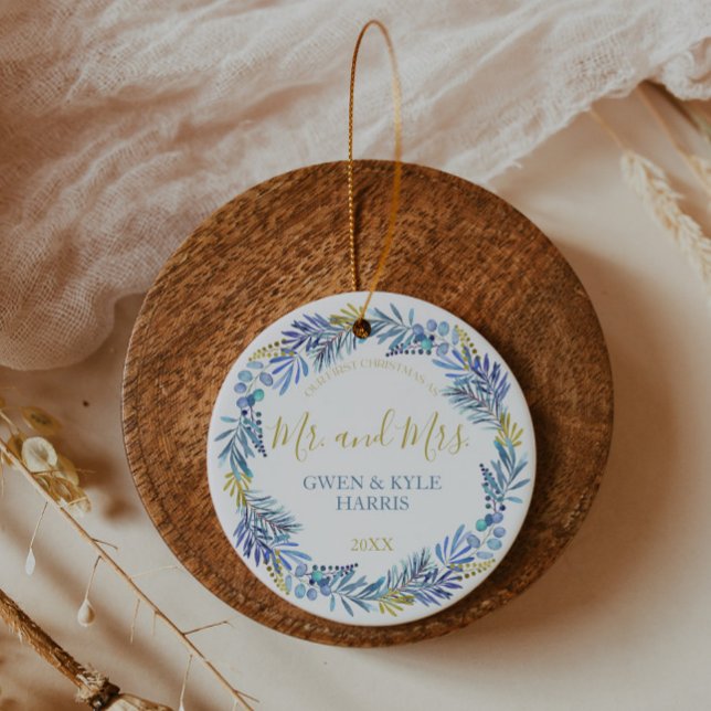Blue and Gold Wreath Christmas Ceramic Ornament (Von Creator hochgeladen)