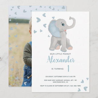Blue and Gray Baby Elephant 1. Geburtstag Foto Einladung