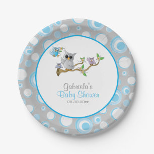 Blue and Gray Baby Owl Baby Showthema Pappteller
