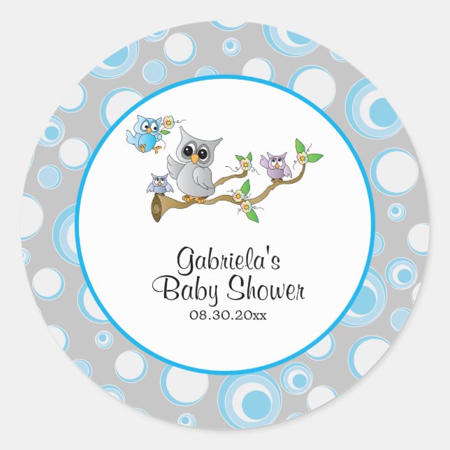 Blue and Gray Baby Owl Baby Showthema Runder Aufkleber (Vorderseite)