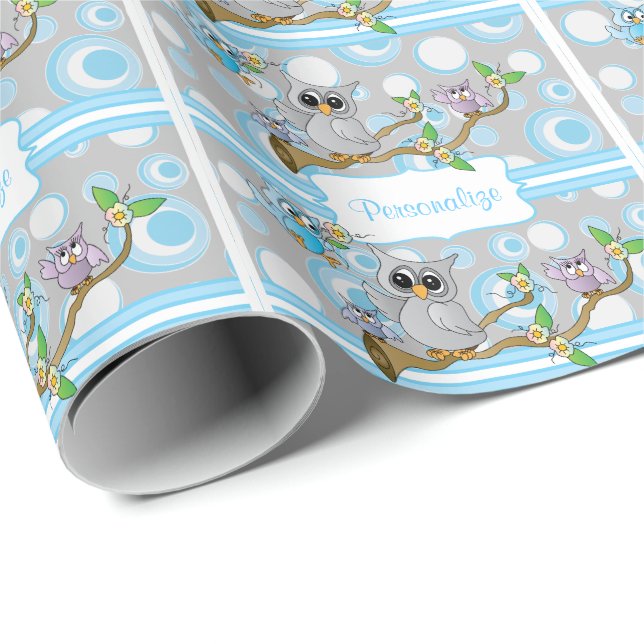 Blue and Gray Baby Owl | Thema Dusche Geschenkpapier (Rolleneckpunkt)
