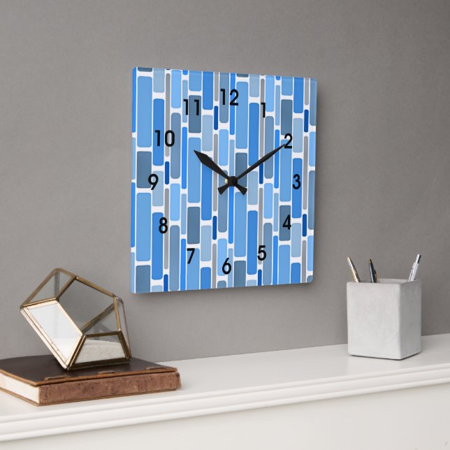 Blue and gray geometric pattern, quadratische wanduhr (Büro)