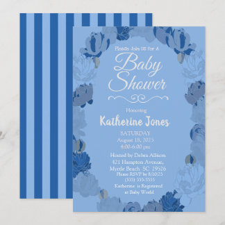 Blue and Gray Peonies Wreath Baby Shower Einladung