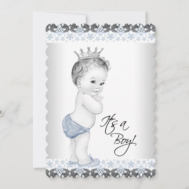 Blue and Gray Vintag Baby Boy Dusche Einladung (Vorderseite)