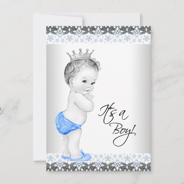 Blue and Gray Vintag Baby Boy Dusche Einladung (Vorderseite)