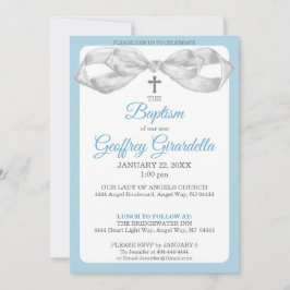 Blue and Gray Watercolor Bow & Cross Baptism Einladung