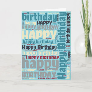 Blue and Gray Word Art Happy Birthday Karte