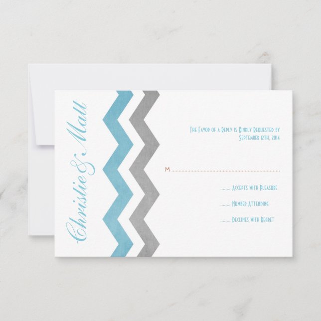 Blue and Gray Zig Zag Wedding RSVP Karte (Vorderseite)