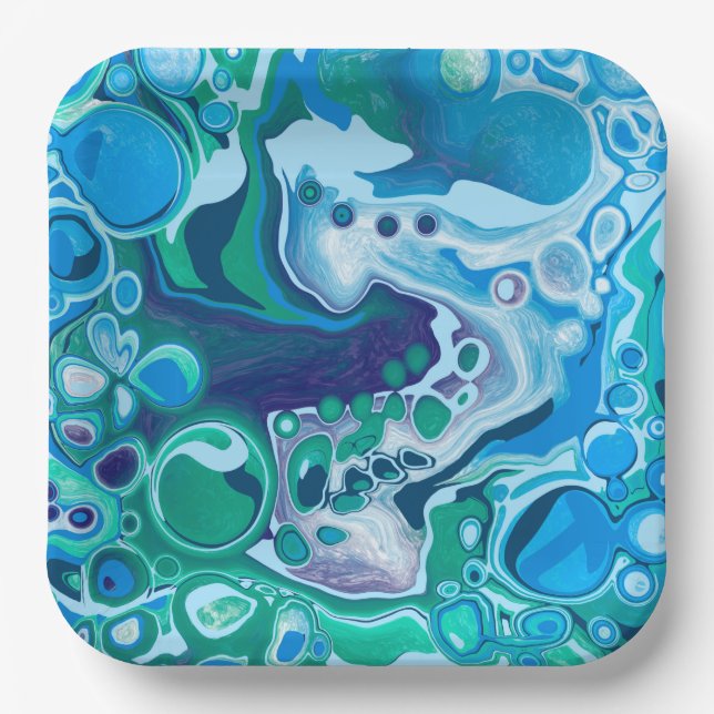 Blue and Green Digital Marble Fluid Art Paper Pla Pappteller (Vorderseite)