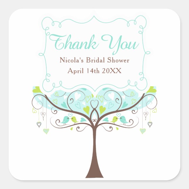 Blue and Green Floral Bird Bridal Shower Thank You Quadratischer Aufkleber (Vorderseite)