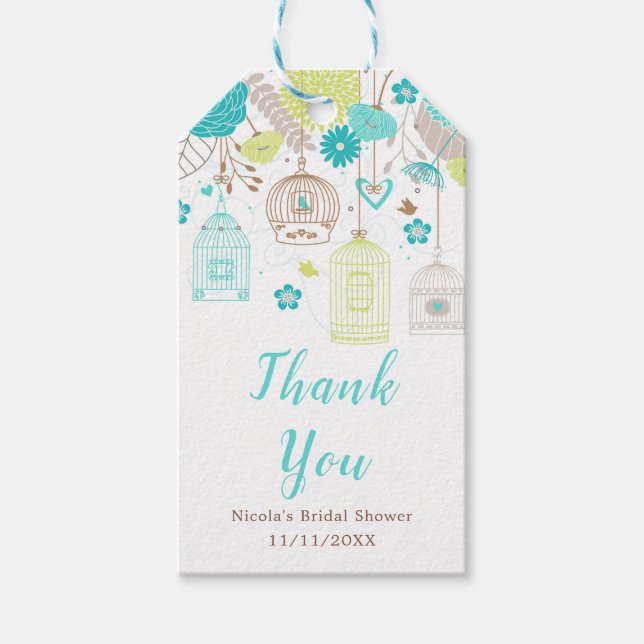 Blue and Green Floral Bird Cages Bridal Shower Geschenkanhänger (Vorderseite)
