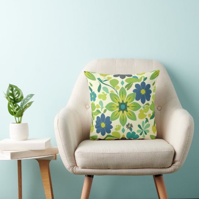 Blue and Green Floral Square Throw Pillow Kissen (Stuhl )