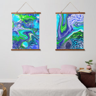 Blue and Green Fluid Art Hangband Wandteppich Mit Holzrahmen