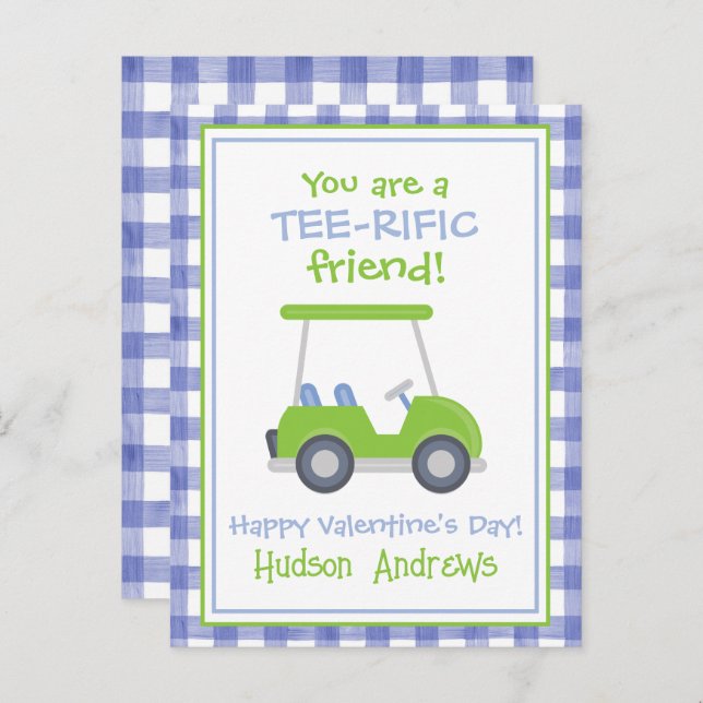Blue and Green Gingham Golf Cart Valentine's Cards Postkarte (Vorne/Hinten)