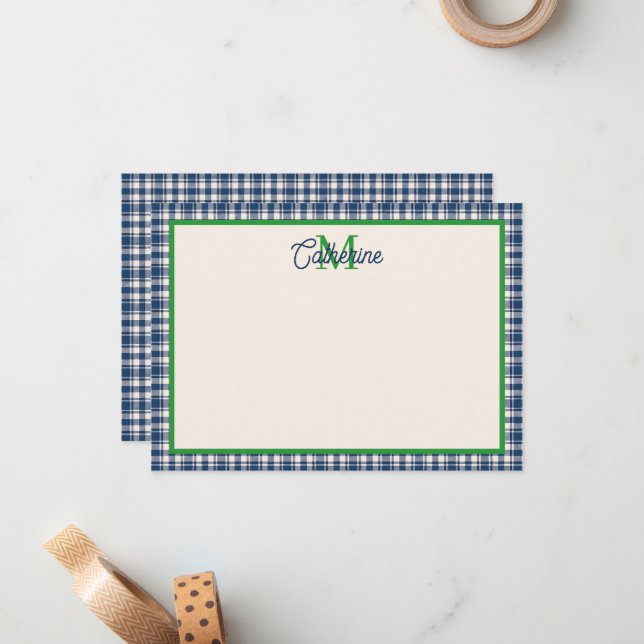 Blue and Green Gingham Plaid Tartan Monogram Mitteilungskarte (Vorderseite/Rückseite Beispiel)