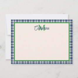Blue and Green Gingham Plaid Tartan Monogram Mitteilungskarte
