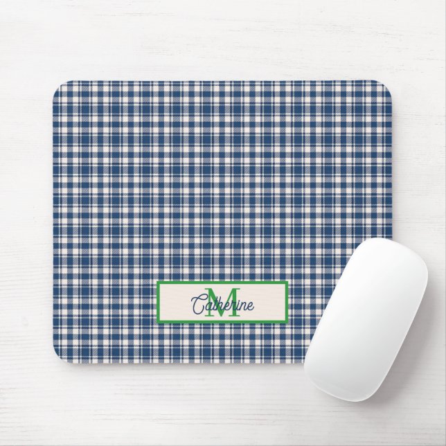Blue and Green Gingham Plaid Tartan Monogram Mousepad (Mit Mouse)
