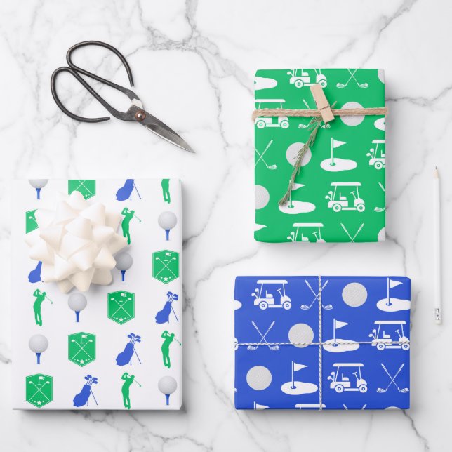 Blue and Green Golf Icons Geschenkpapier Set (Vorderseite)