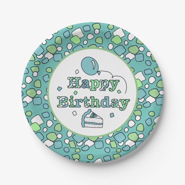 Blue and Green Happy Birthday Pappteller (Vorderseite)