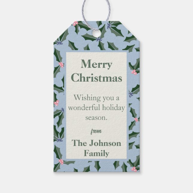 Blue and Green Holly Holiday Geschenkanhänger (Vorderseite)