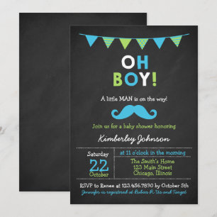Blue and Green Mustache Baby Dusche Einladung