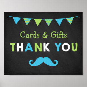 Blue and Green Mustache Chalkboard Baby Dusche Poster