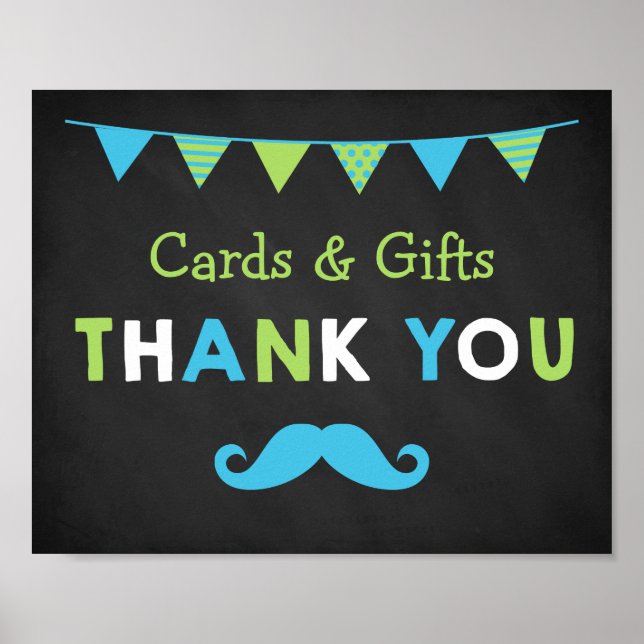 Blue and Green Mustache Chalkboard Baby Dusche Poster (Vorne)