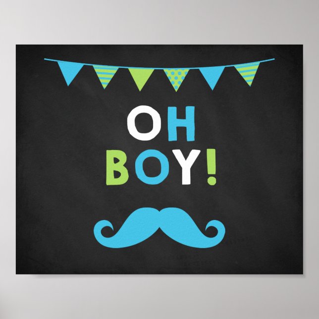 Blue and Green Mustache Chalkboard Baby Dusche Poster (Vorne)