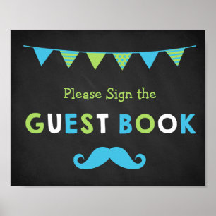 Blue and Green Mustache Chalkboard Guest Book Poster