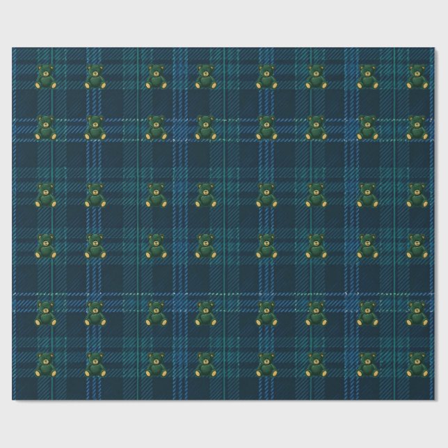 Blue and Green Plaid Teddy Bear Wrapping Paper Geschenkpapier (Flach)