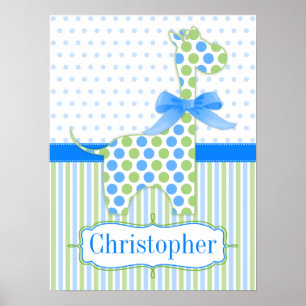 Blue and Green Polka Dot Giraffe Kinderzimmer Post Poster