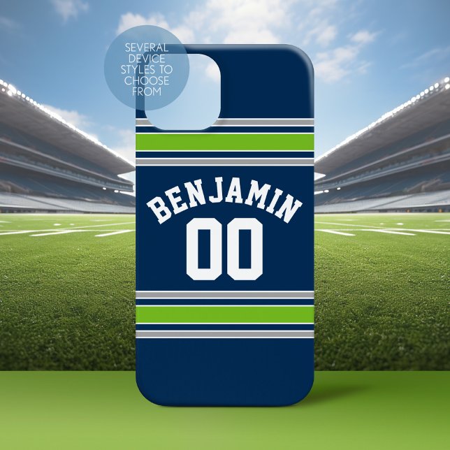Blue and Green Sport Jersey Individuelle Name Numb Case-Mate iPhone Hülle (Personalized Phone Case with a Football Jersey Stripe Design)