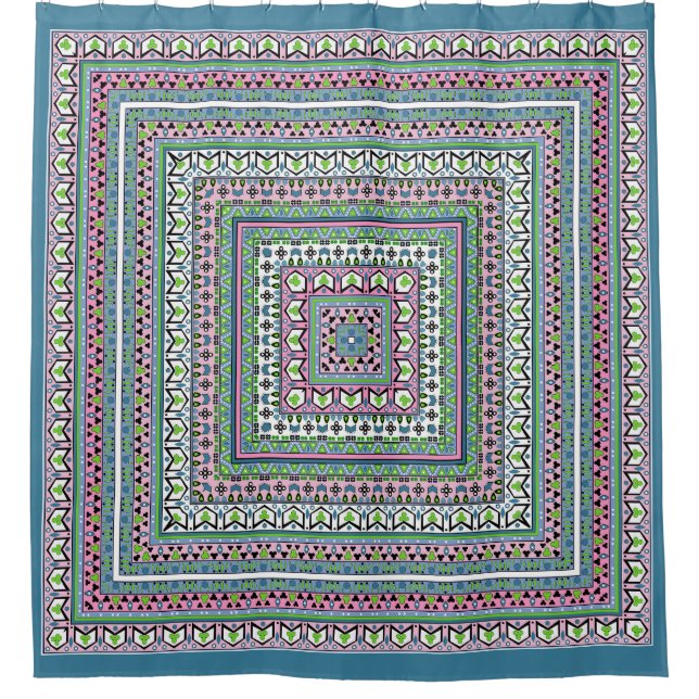 Blue and green square ethnic ornament scarf duschvorhang (Vorderseite)
