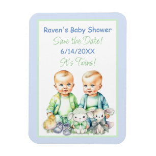 Blue and Green Twin Boys Baby Dusche Save the Date Magnet