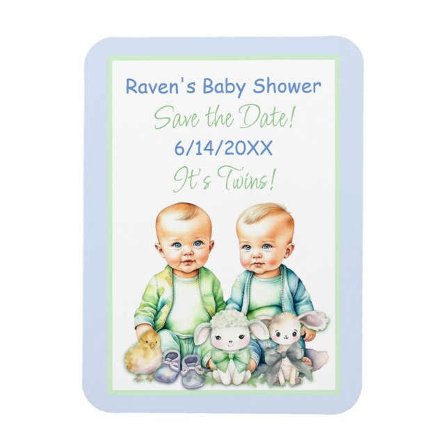 Blue and Green Twin Boys Baby Dusche Save the Date Magnet (Vertikal)