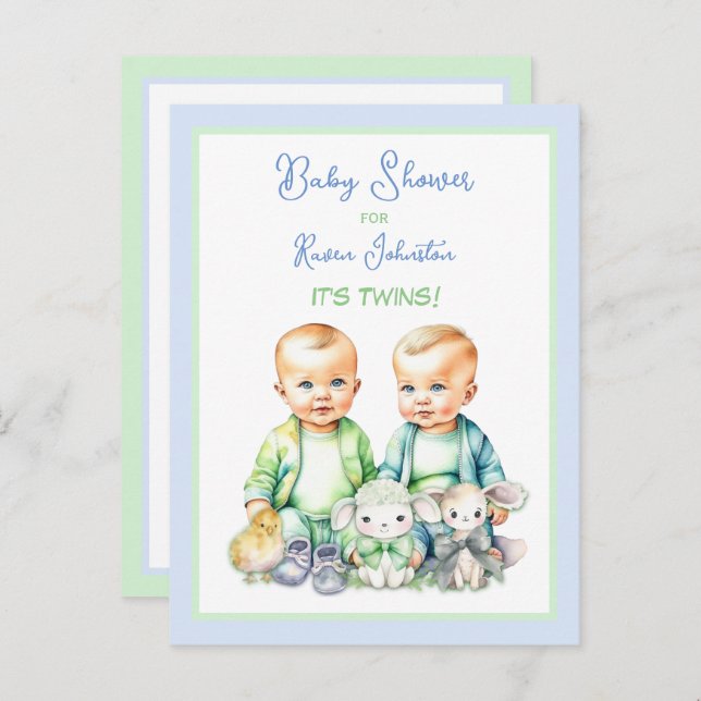 Blue and Green Twin Boys Baby Shower Einladungen (Vorne/Hinten)