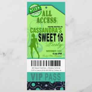 Blue and Green VIP Sweet 16 Ticket Party Einladung