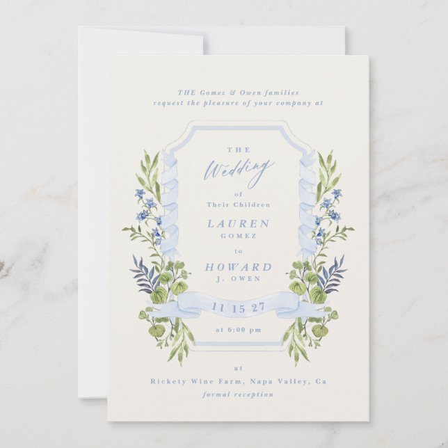 blue and greenery all in one RSVP DETAILS wedding Einladung (Vorderseite)
