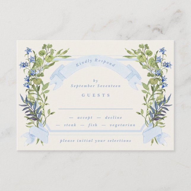 blue and greenery garden crest wreath wedding rsvp einladung (Vorderseite)