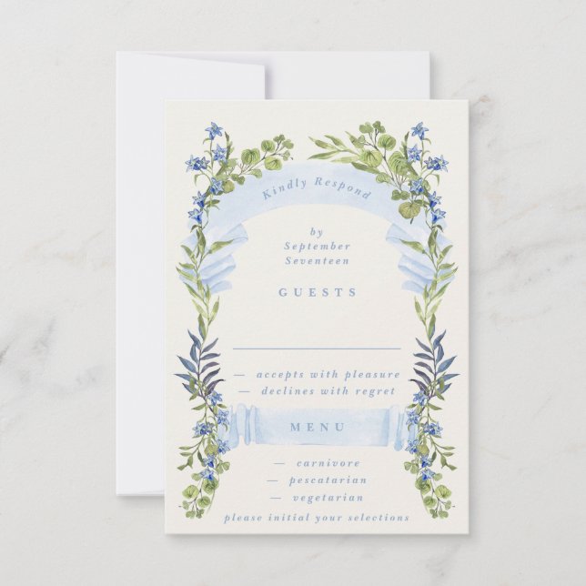blue and greenery spring elegant wedding RSVP karte (Vorderseite)