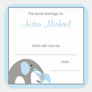 Blue and Grey Elephant Baby Shower Book Plate Quadratischer Aufkleber