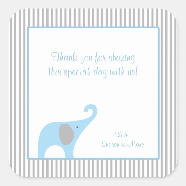 Blue and Grey Elephant Baby Shower Gefallen Lecker Quadratischer Aufkleber (Vorderseite)