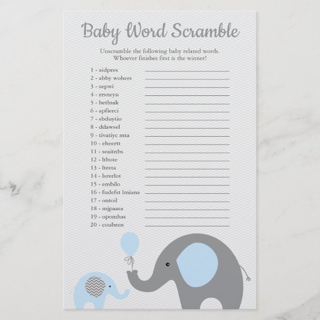 Blue and Grey Elephant Baby Shower Word Scramble Flyer (Vorne)