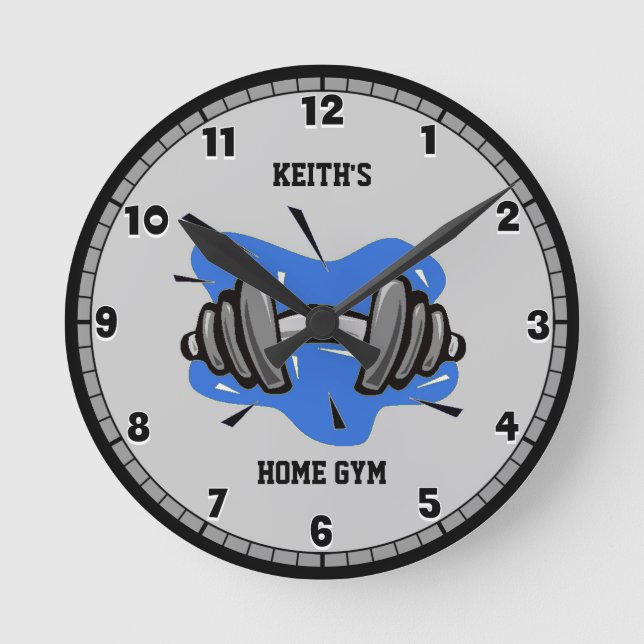 Blue and Grey Fitness Gym Round Clock Runde Wanduhr (Vorderseite)