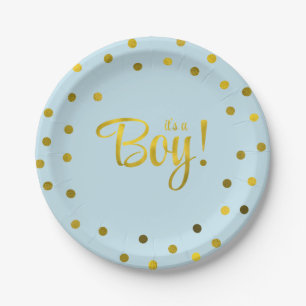 Blue and Imitate Gold Foil Girl Babydusche Pappteller